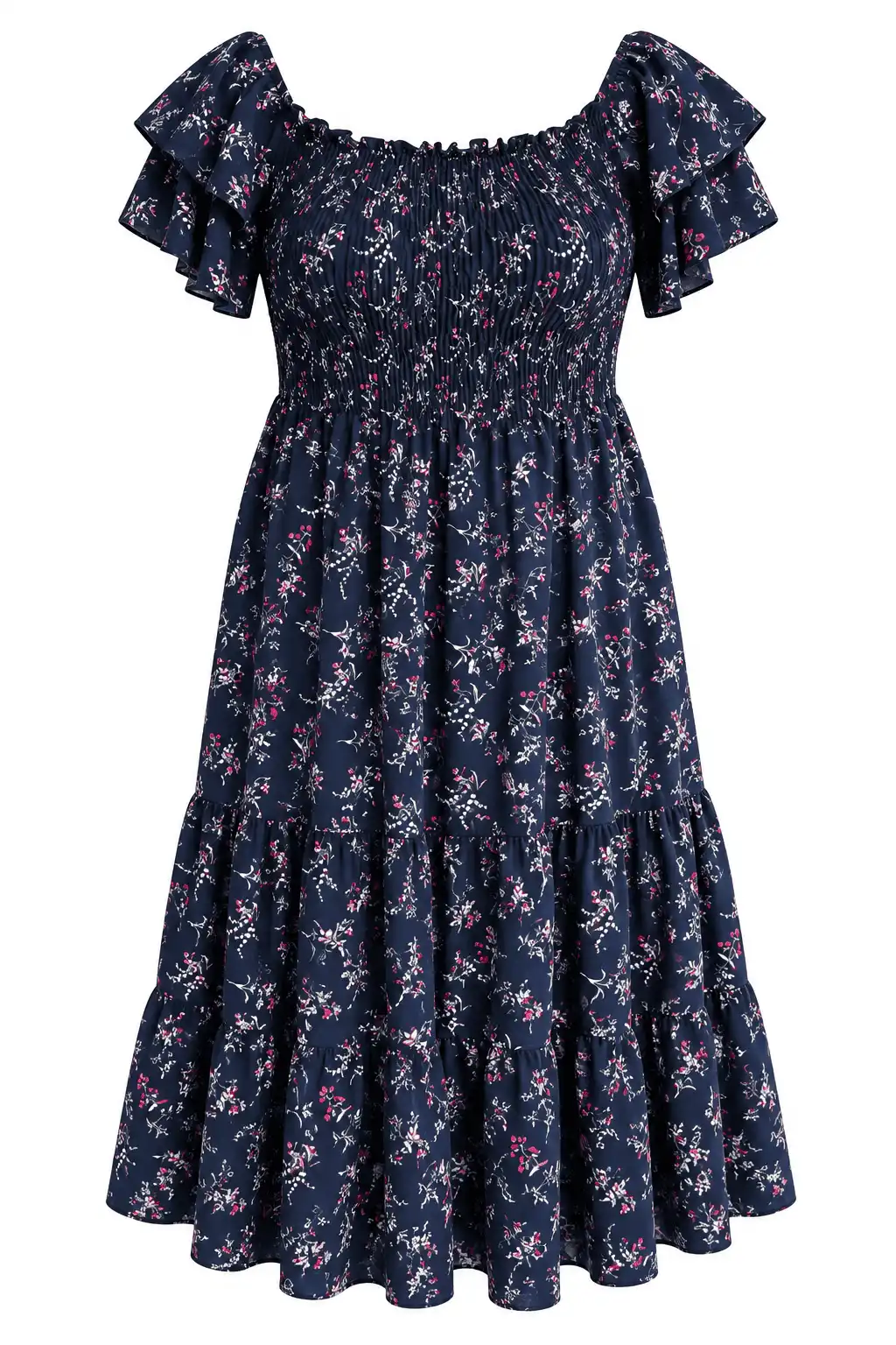 Vestido Midi Azul Marino con Estampado Floral Multicolor