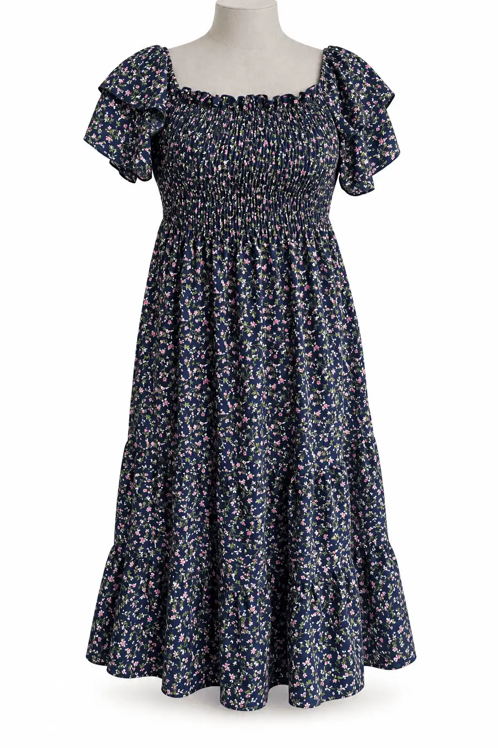 Vestido Midi Azul Marino con Estampado Floral Rosa