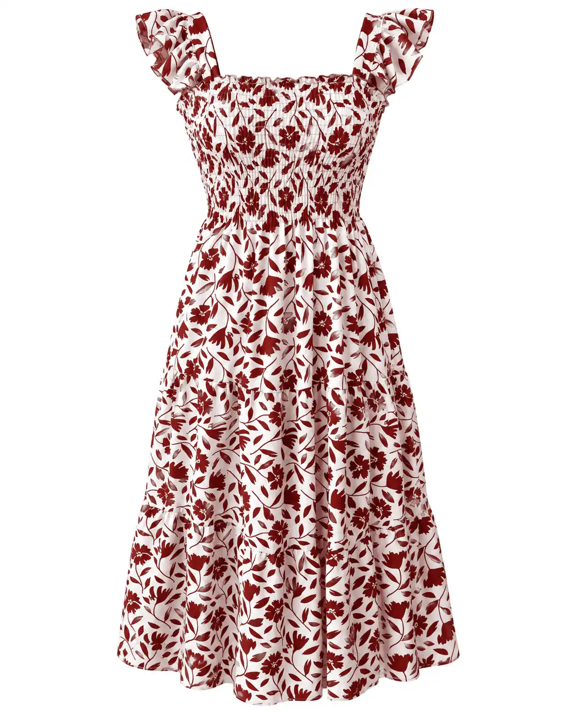 Vestido Midi Blanco con Estampado Floral Color Vino