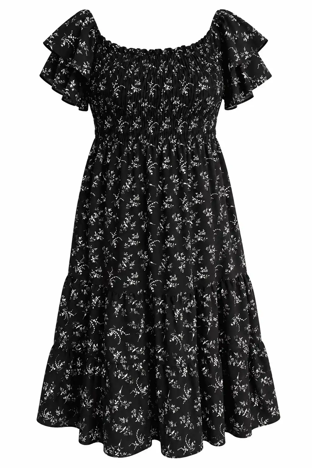 Vestido Midi Negro con Estampado Floral Blanco